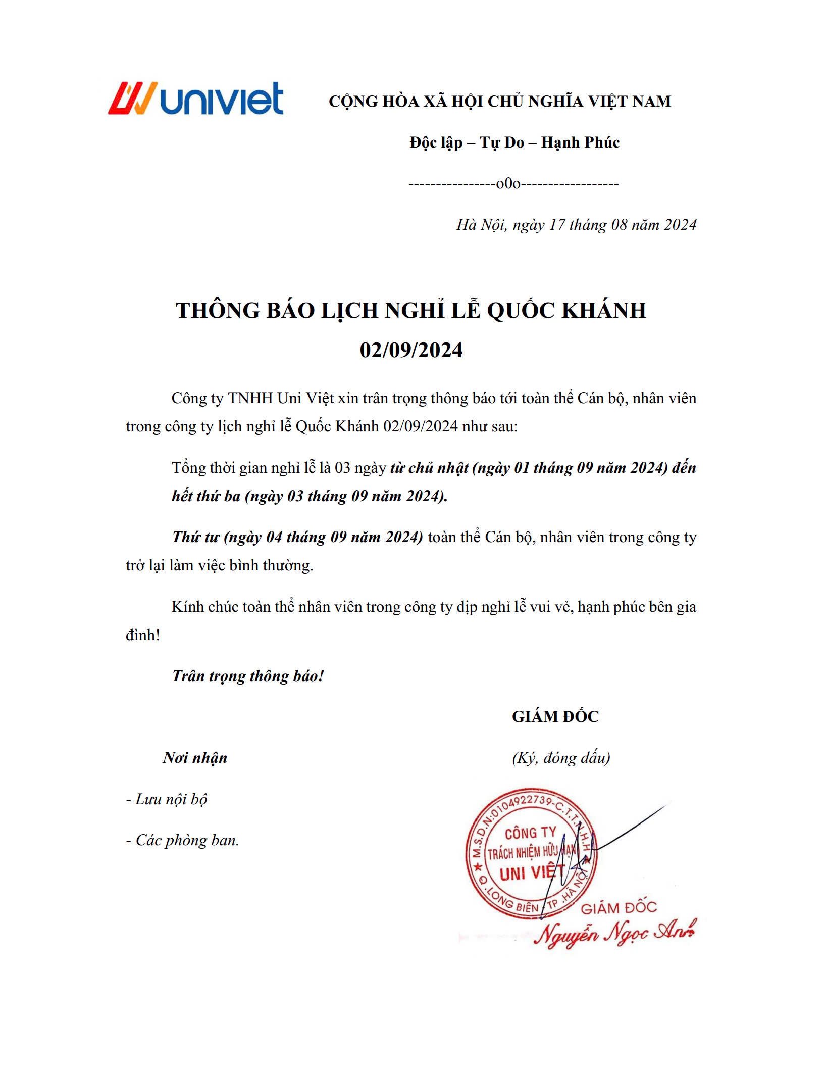 Lịch nghỉ Lễ Quốc Khánh 2/9 năm 2024