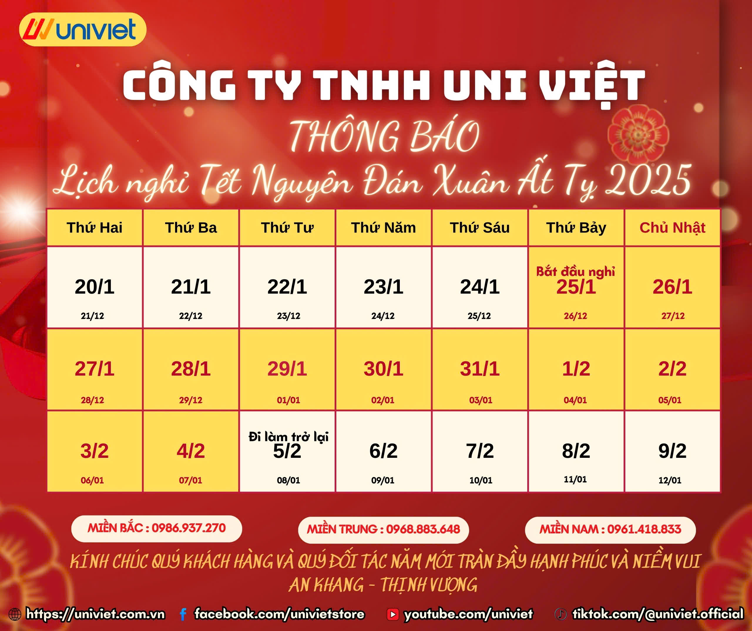 Thông báo Lịch nghỉ Tết Nguyên Đán Ất Tỵ 2025