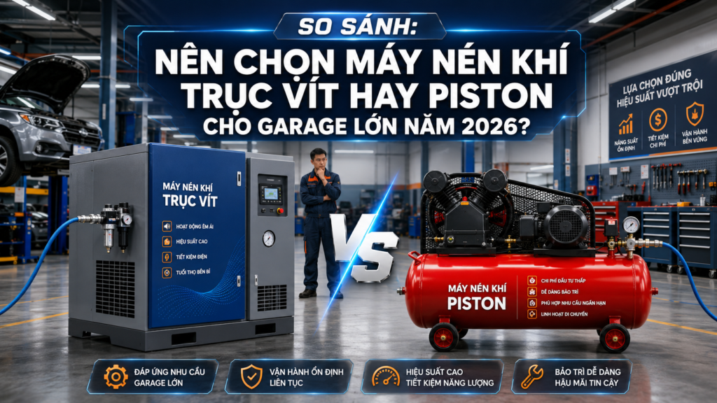 So sánh Nên chọn máy nén khí trục vít hay piston cho garage lớn năm 2026