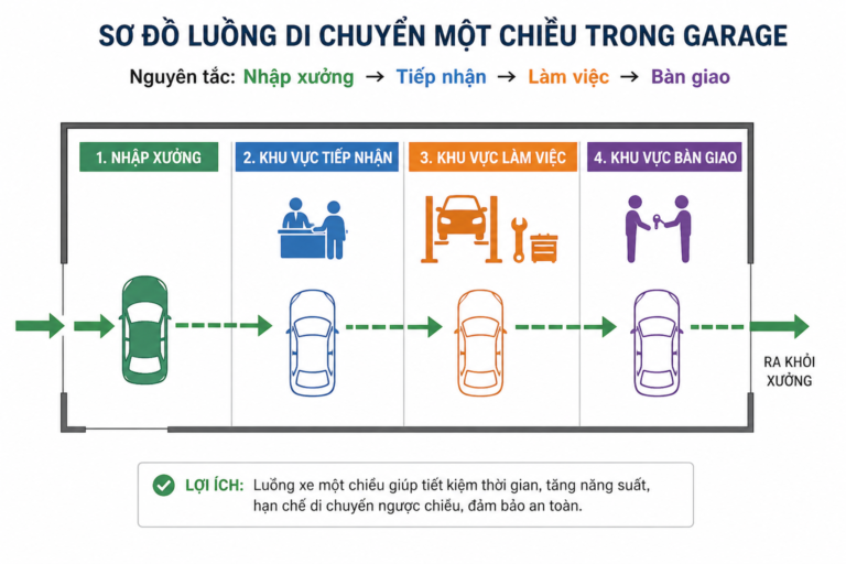Luồng di chuyển và nguyên tắc “Một chiều” trong layout garage ô tô.