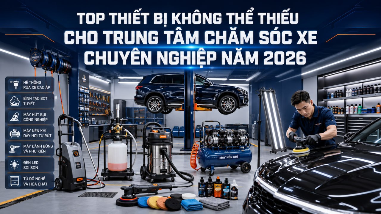 Top thiết bị không thể thiếu cho trung tâm chăm sóc xe chuyên nghiệp năm 2026